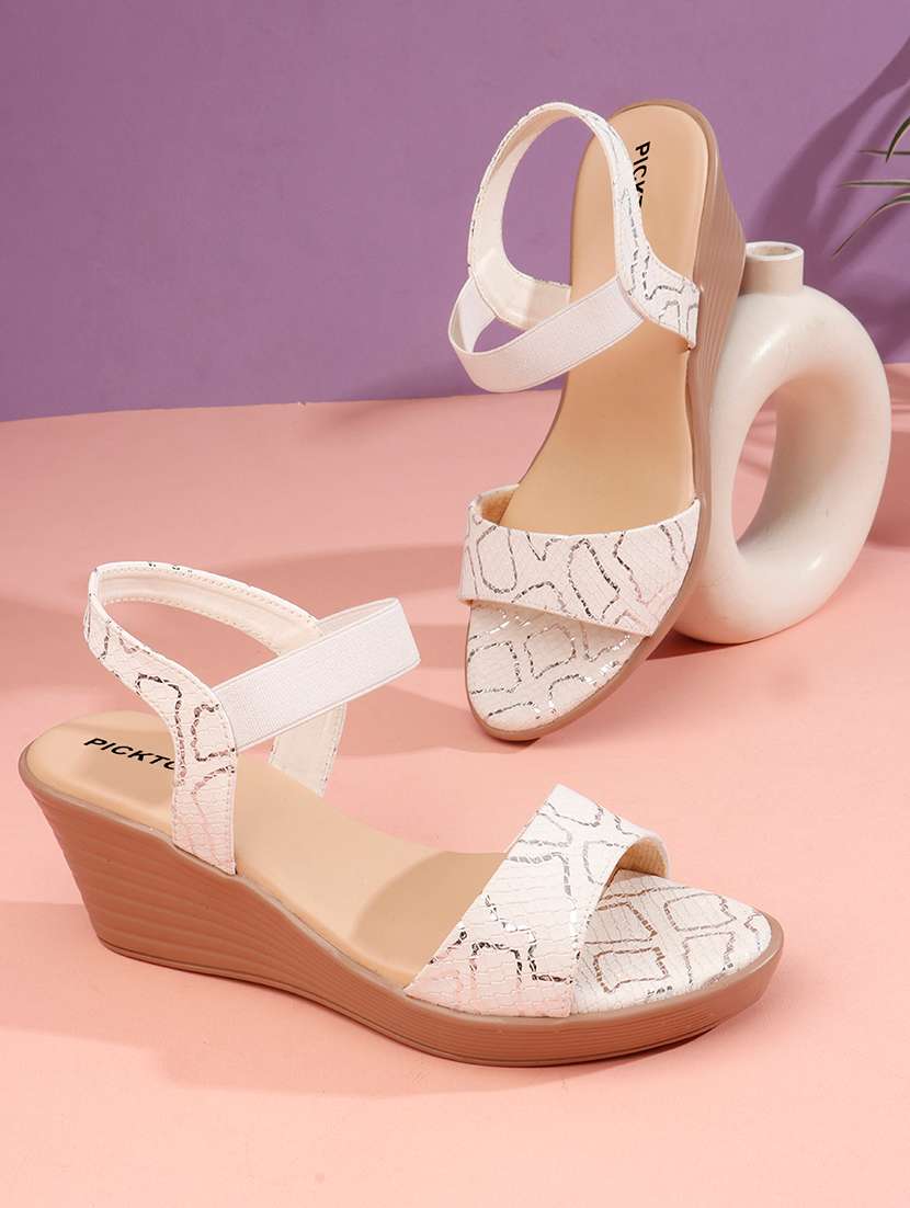 women textured ankle strap wedges