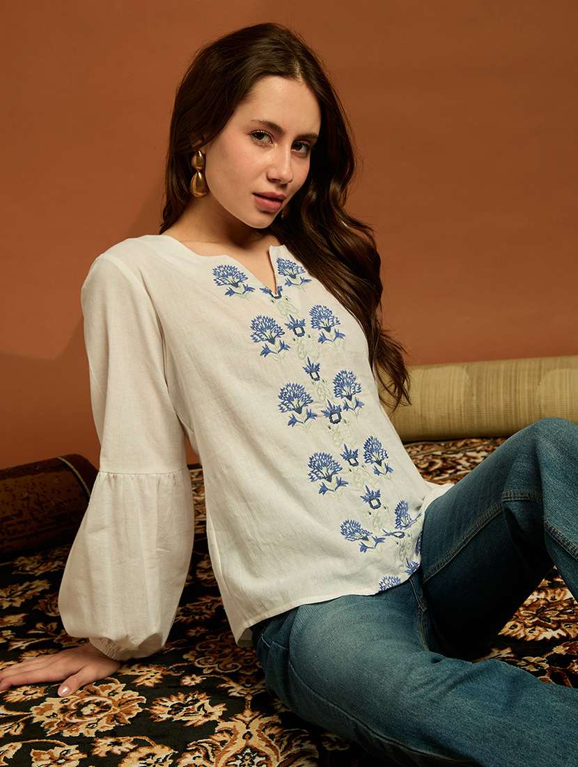 women embroidered bishop sleeves regular top
