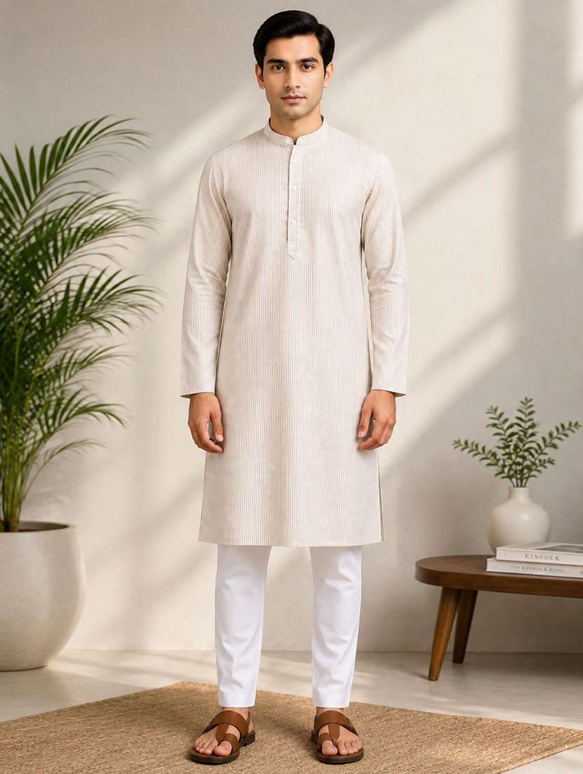 men striped mandarin neck long kurta