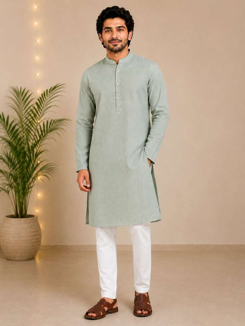 men striped mandarin neck long kurta