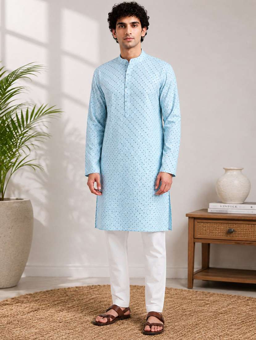 men printed mandarin neck long kurta