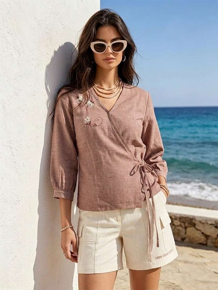 women embroidered three quarter sleeves wrap top