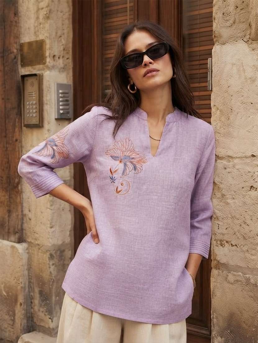 women embroidered three quarter sleeves straight kurti