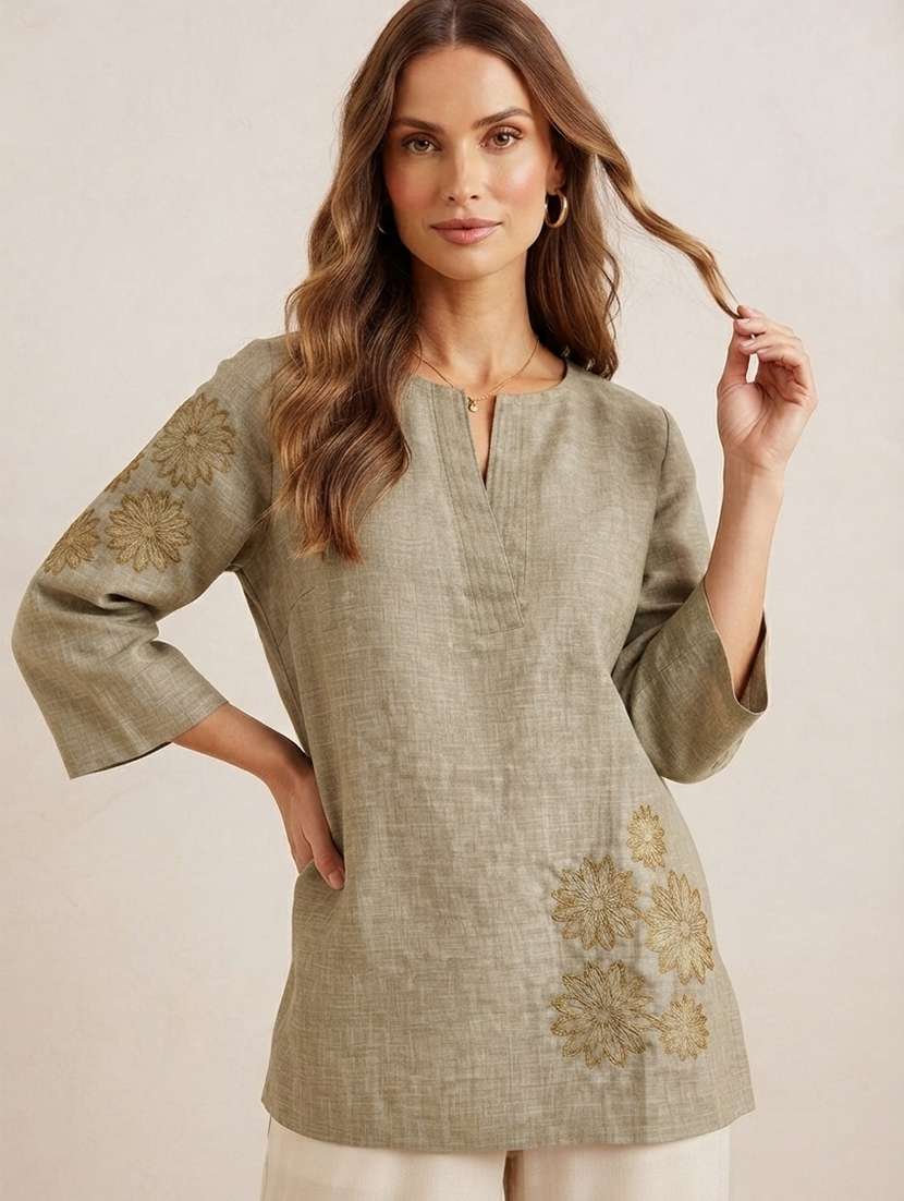 women embroidered three quarter sleeves straight kurti
