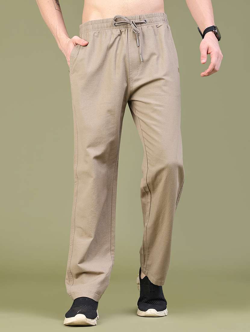 men solid mid rise flat front casual trouser