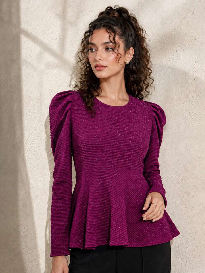 women self design long sleeves peplum top