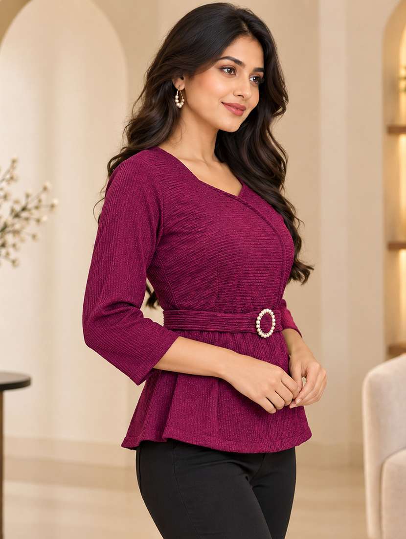 Women Self Design Three Quarter Sleeves A-line Top - 22699339 -  Standard Image - 3