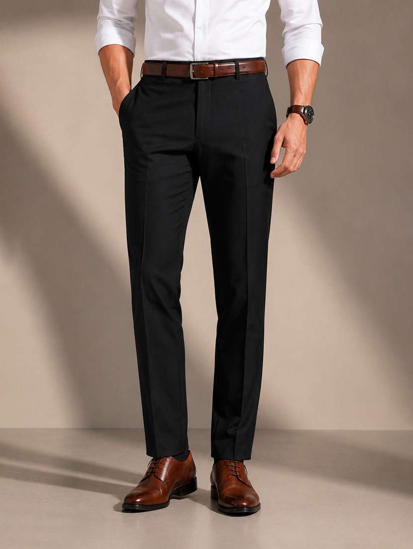 men solid mid rise flat front full length formal trouser