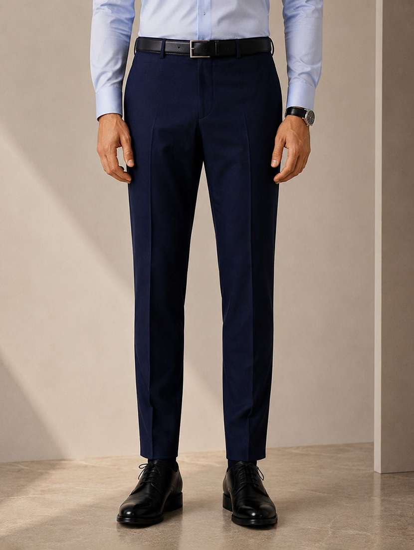 men solid mid rise flat front full length formal trouser