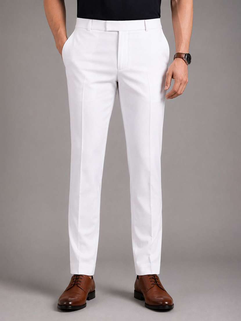 men solid mid rise flat front full length formal trouser