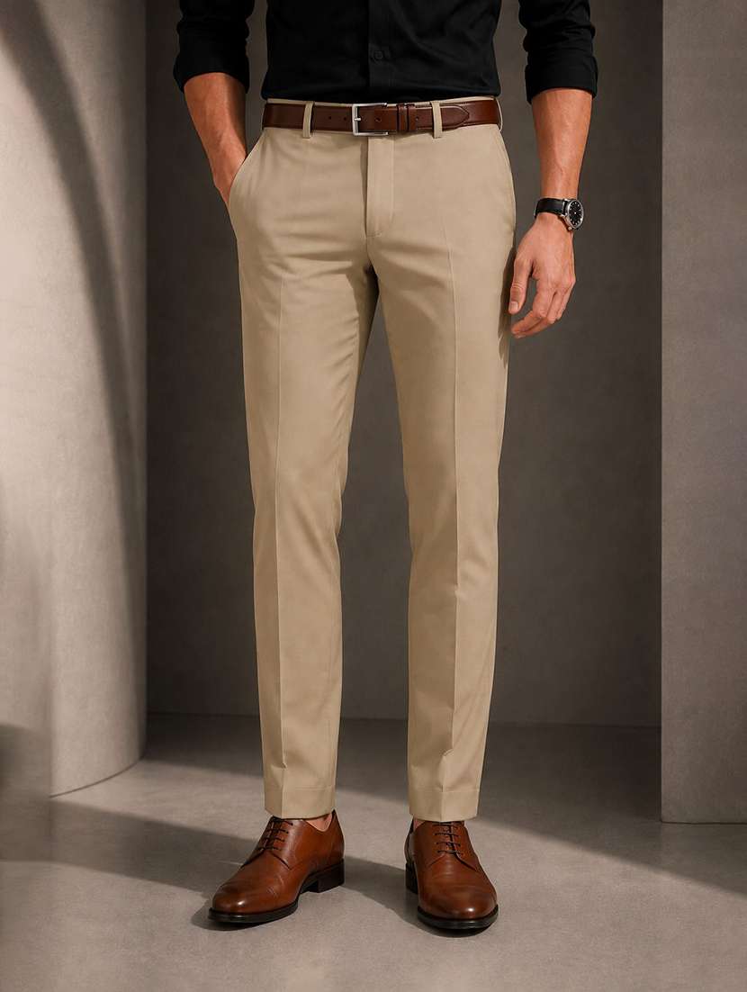 men solid mid rise flat front full length formal trouser