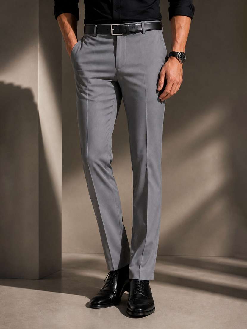 men solid mid rise flat front full length formal trouser
