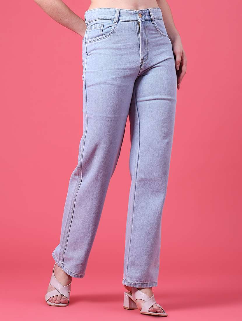 women washed high rise straight jeans