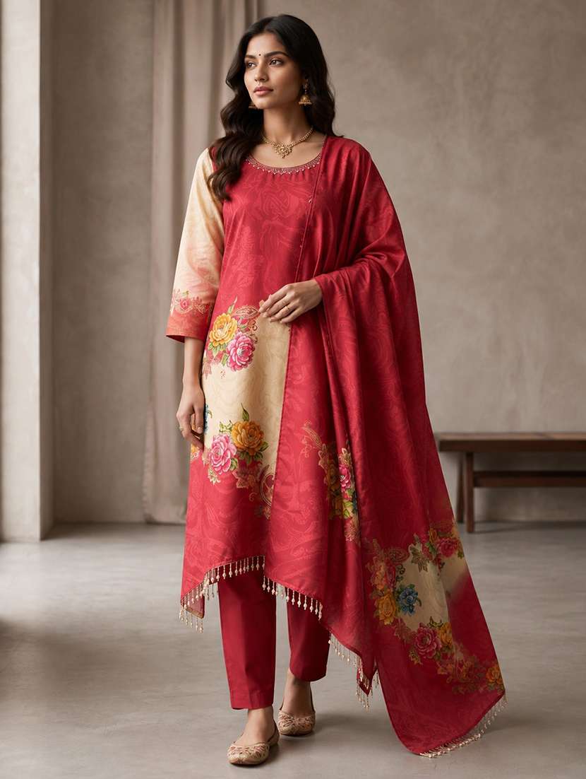 women printed three quarter sleeve kurta pant with dupatta set