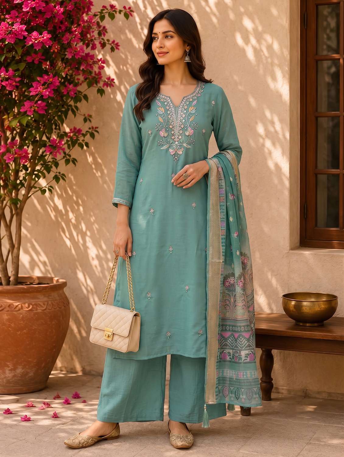 women embroidered three quarter sleeve kurta pant with dupatta set