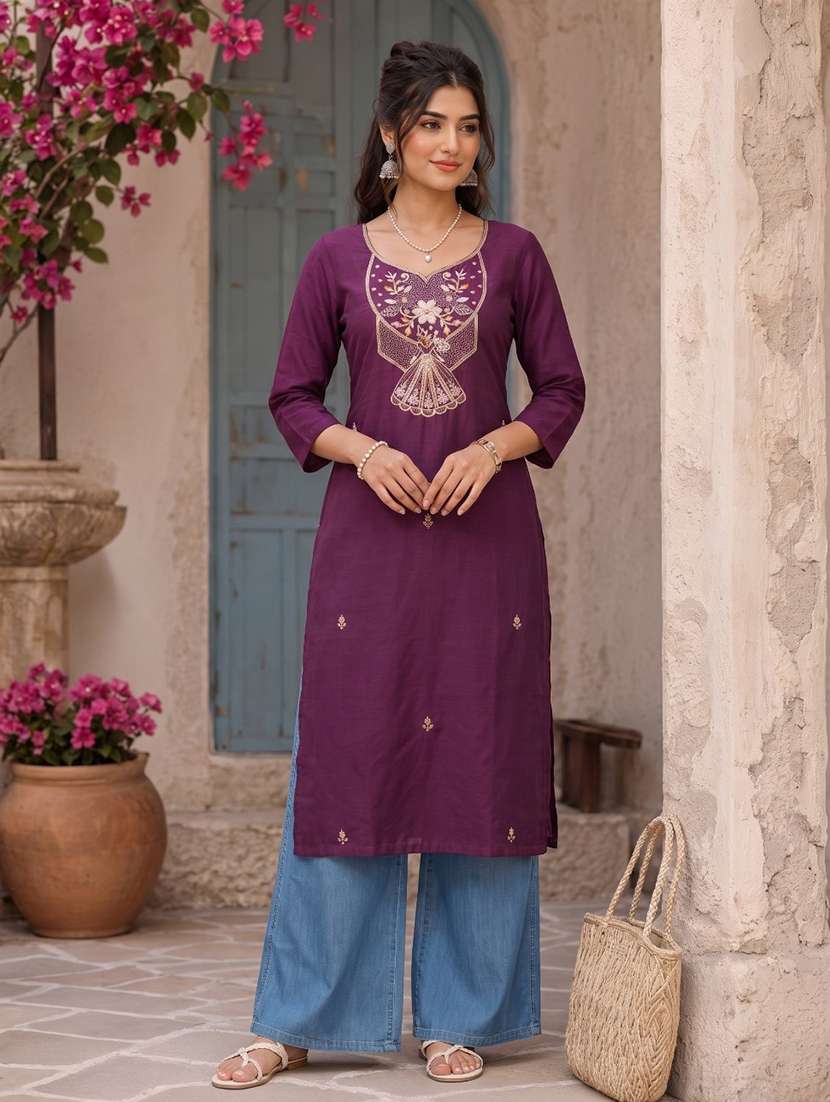 women embroidered three quarter sleeve straight kurta