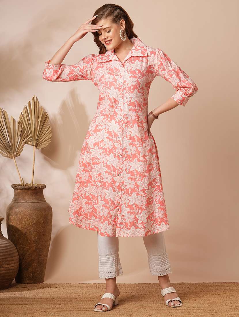 women printed three quarter sleeve a-line kurta