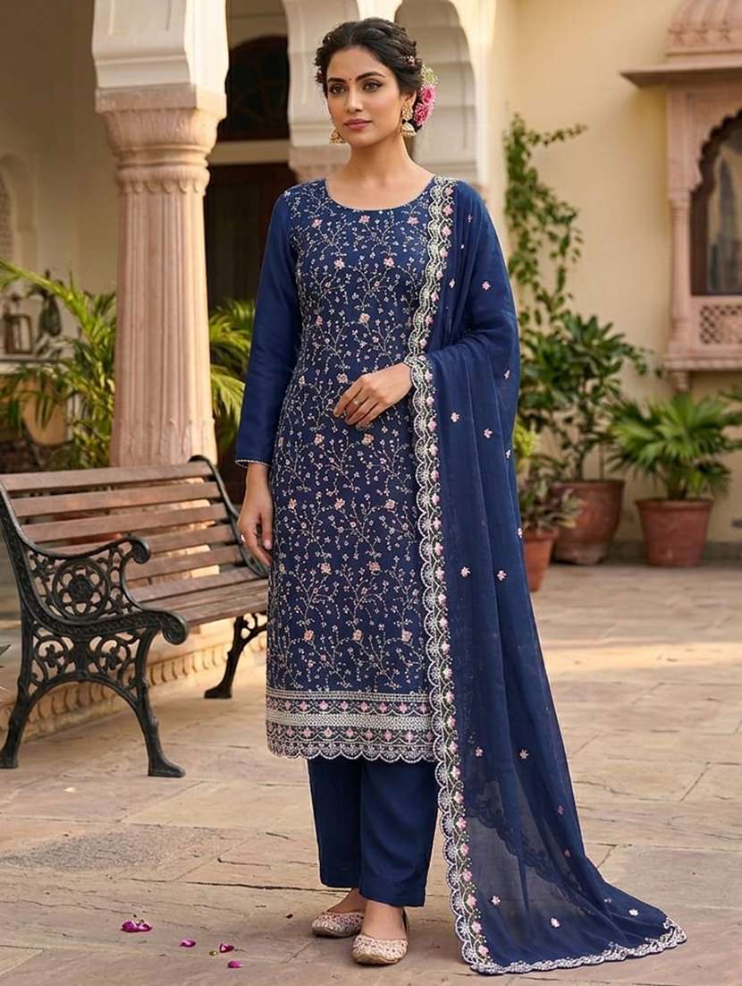 women solid with work unstitched suit set