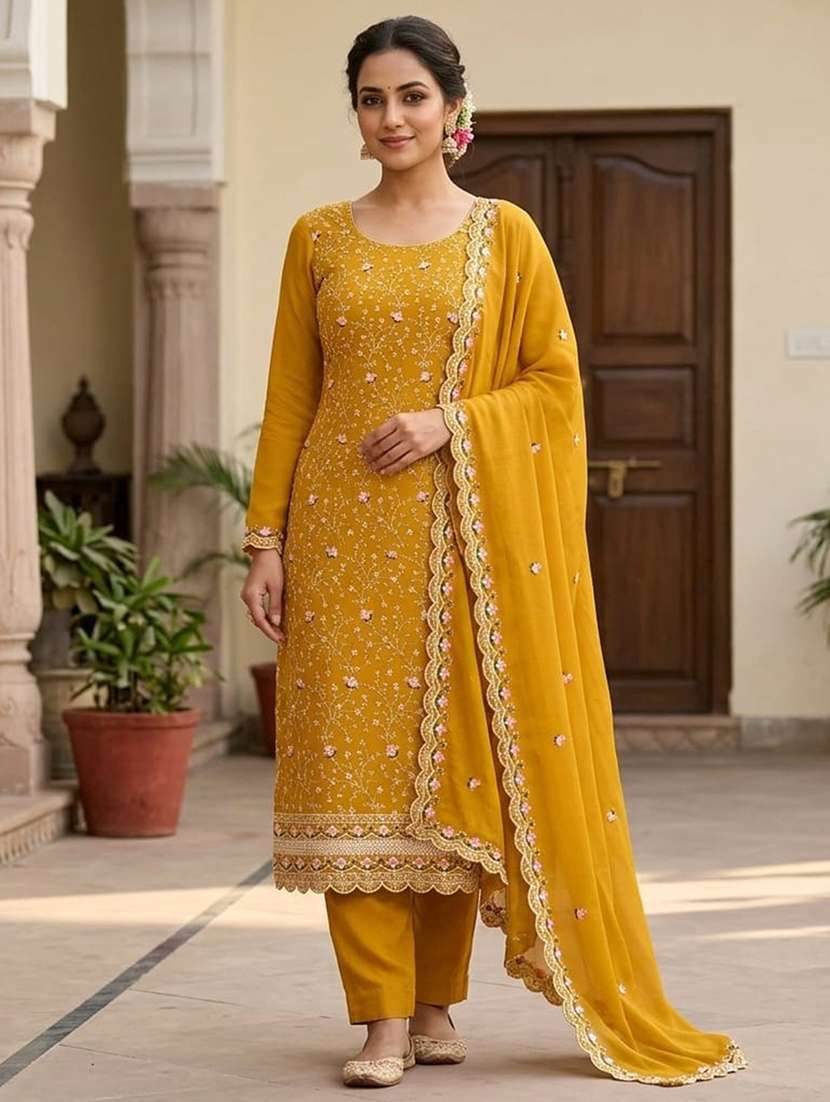 women solid with work unstitched suit set