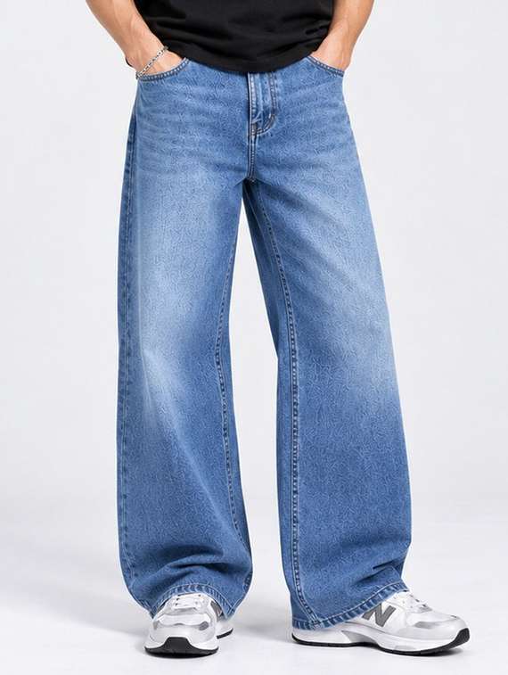 men washed mid rise full length baggy jeans