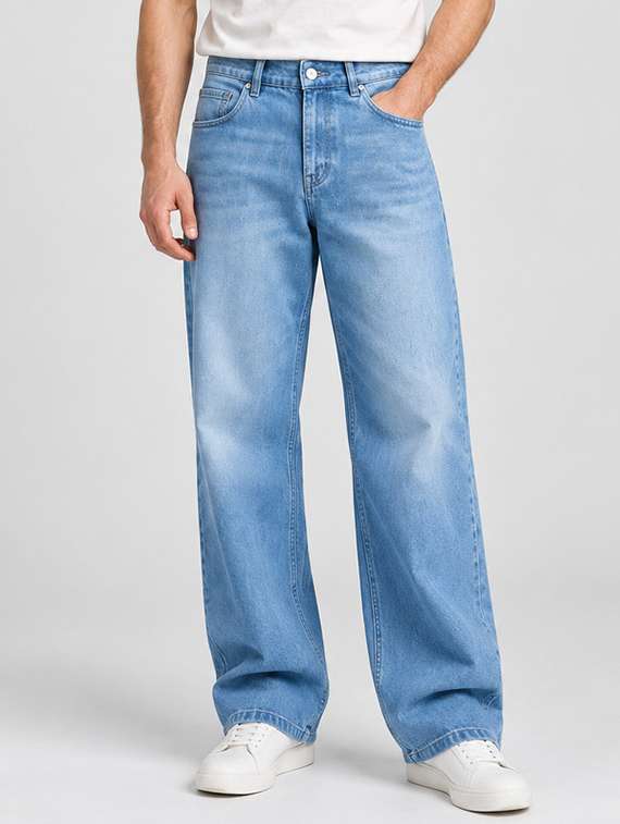 men washed mid rise full length baggy jeans