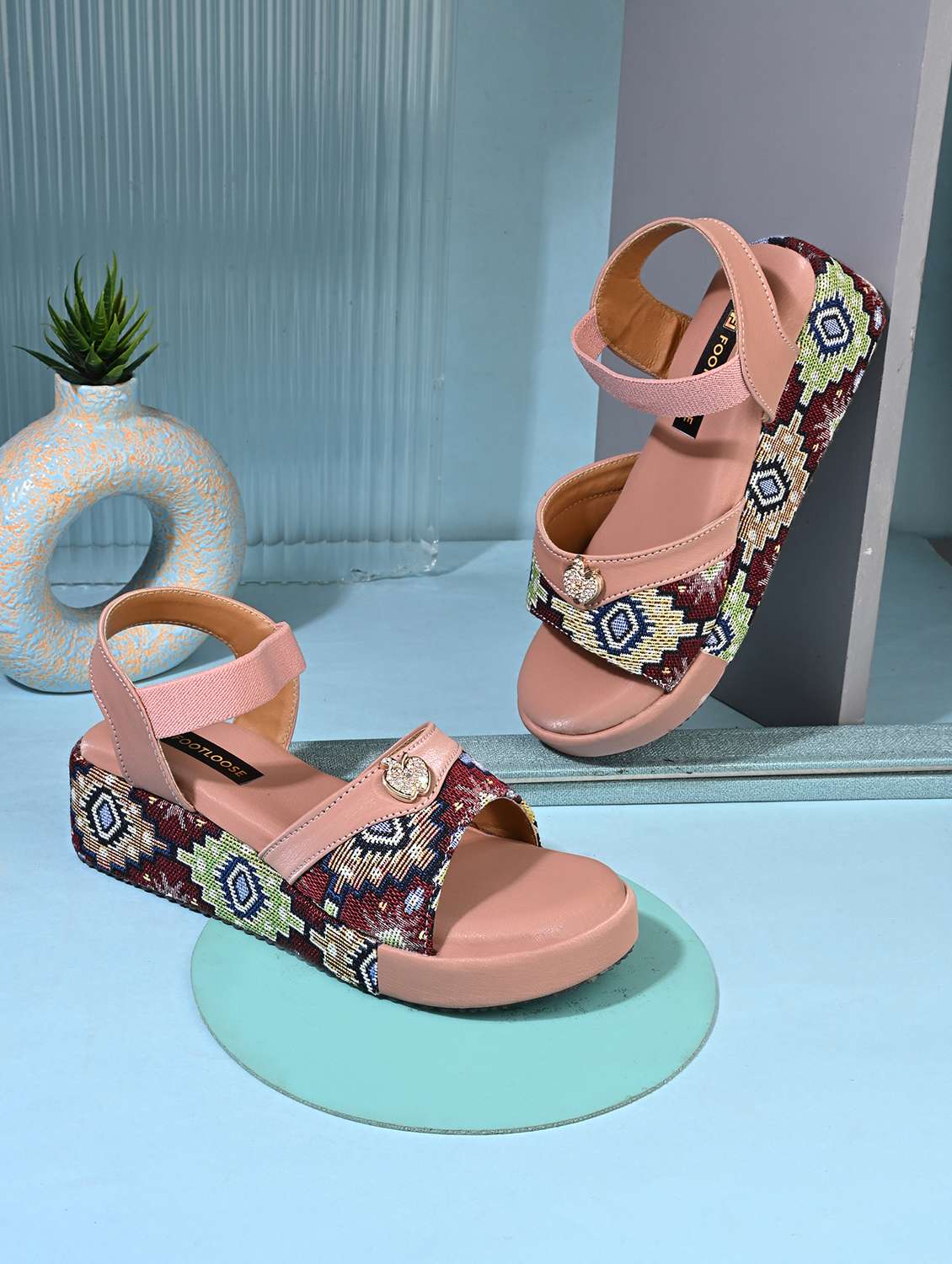 women embroidered ankle strap wedges