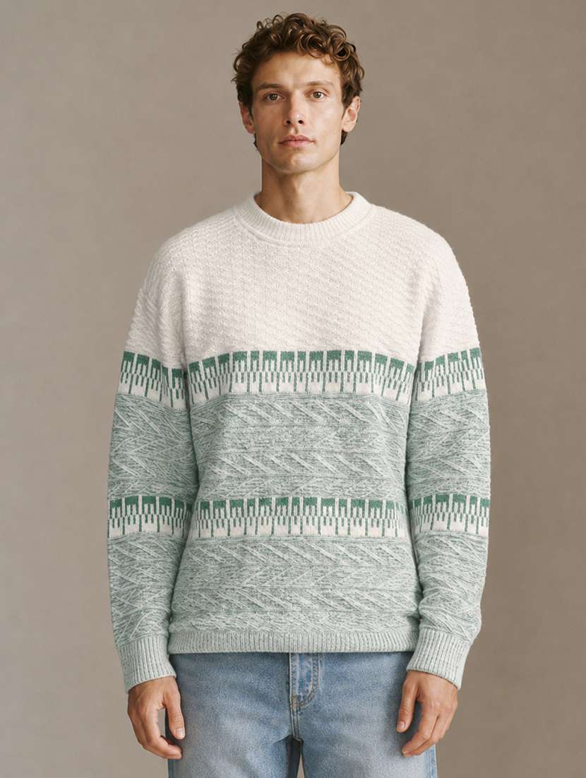 men self design long sleeve regular fit pullover