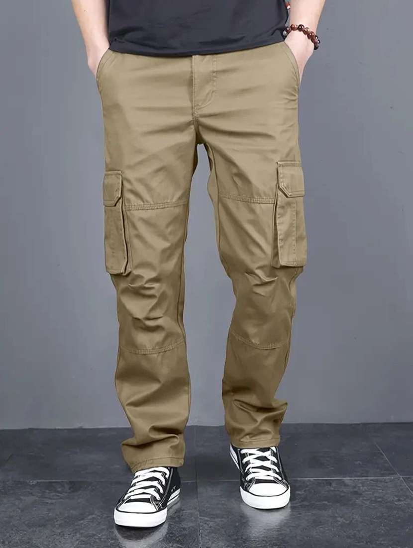 men solid mid rise loose fit cargo 