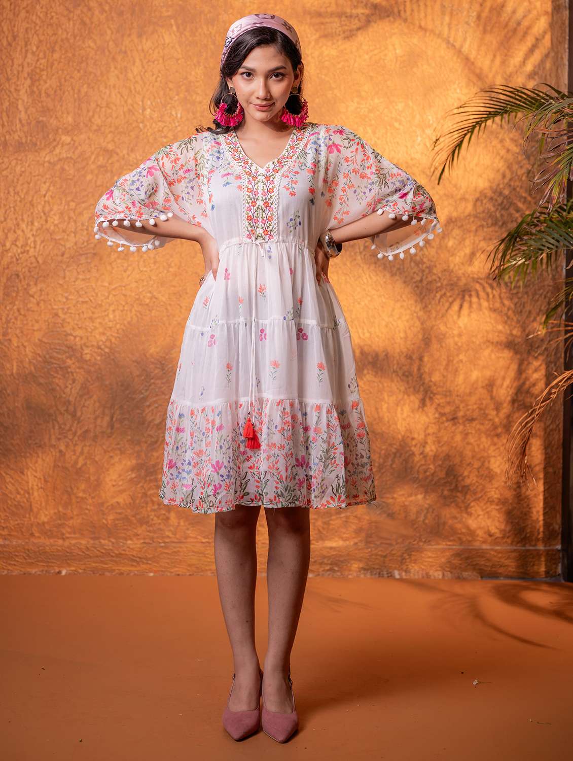 women printed three quarter sleeves tiered dress