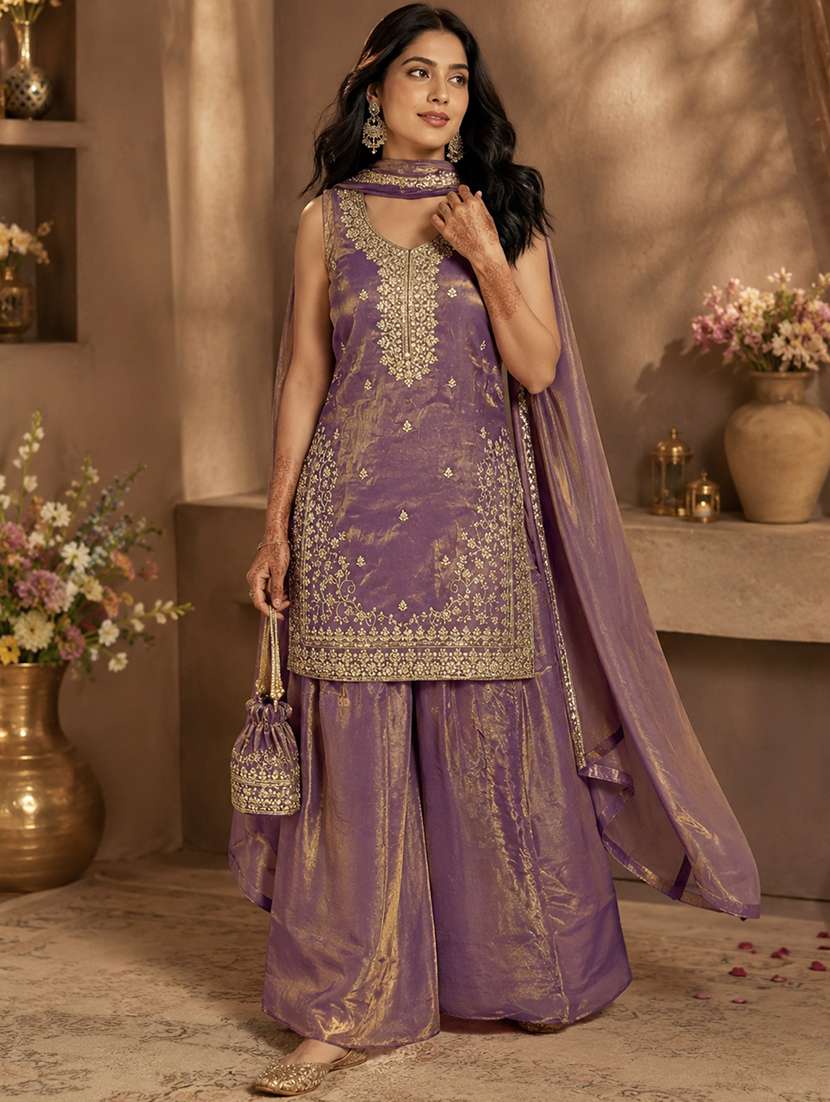 women embroidered sleeveless kurta palazzo set with dupatta