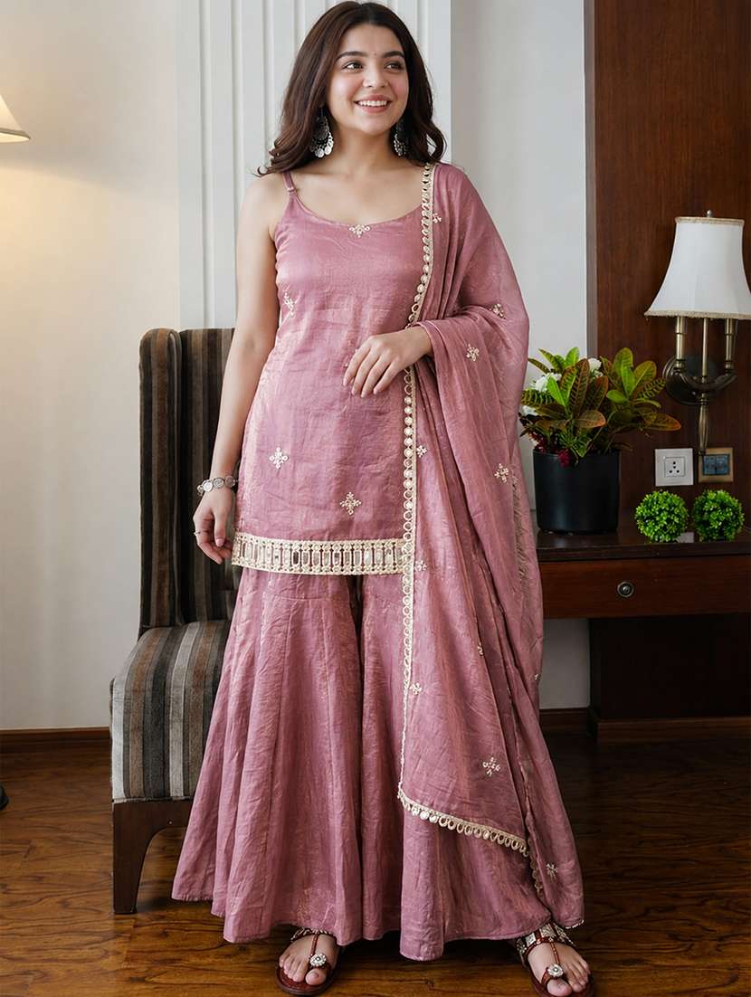 women embroidered sleeveless kurta sharara set with dupatta