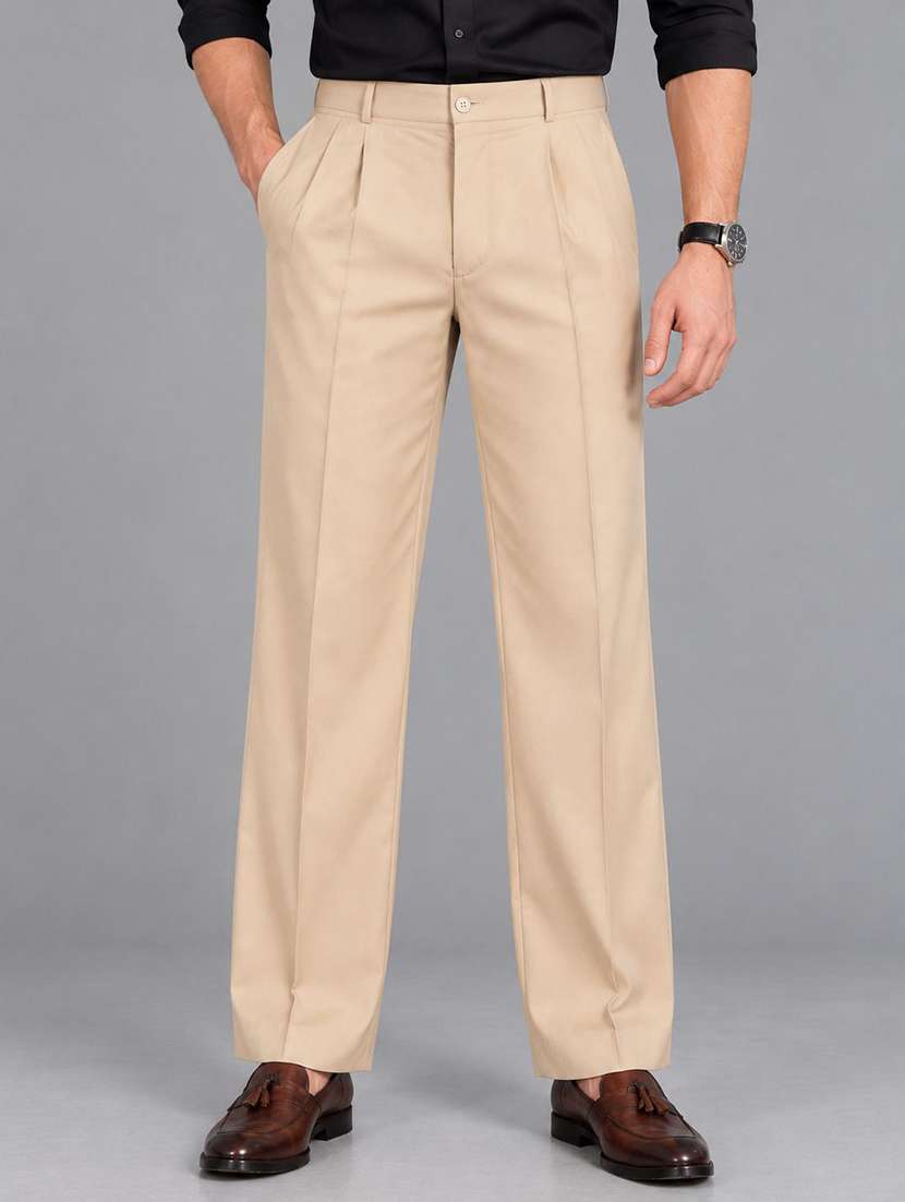 men solid mid rise straight fit formal trouser