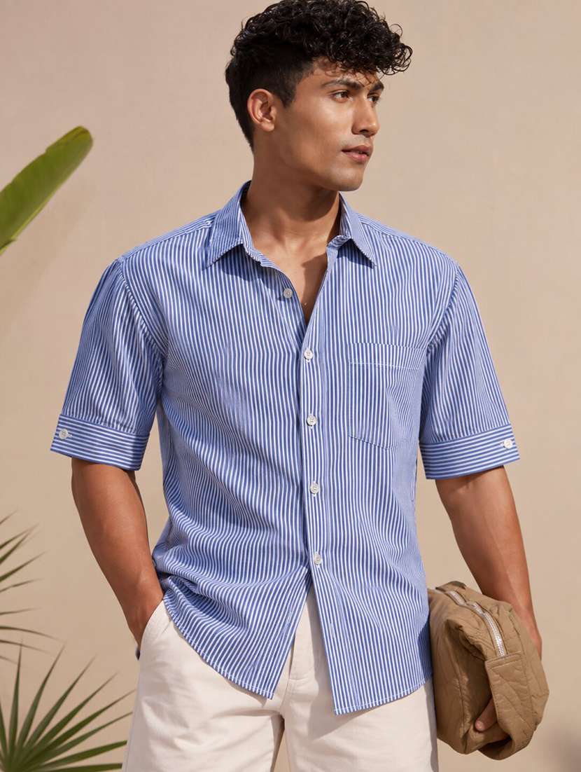 men striped short sleeve regular fit casual shirt