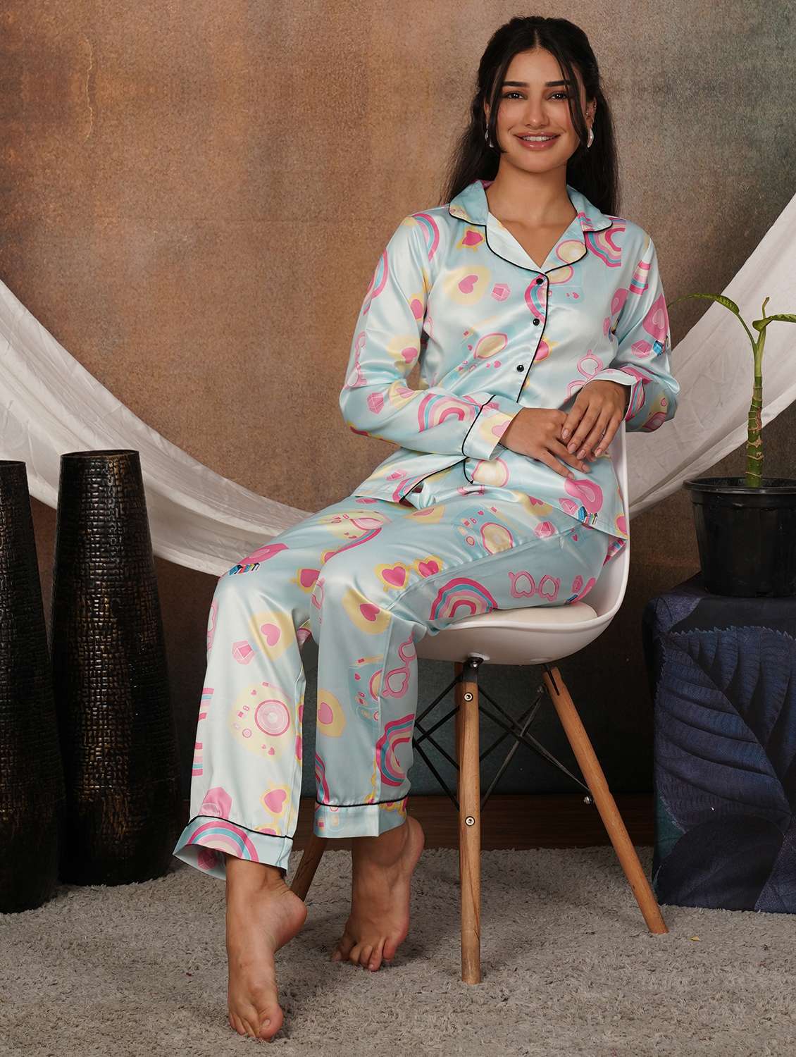 women printed long sleeves nightwear set