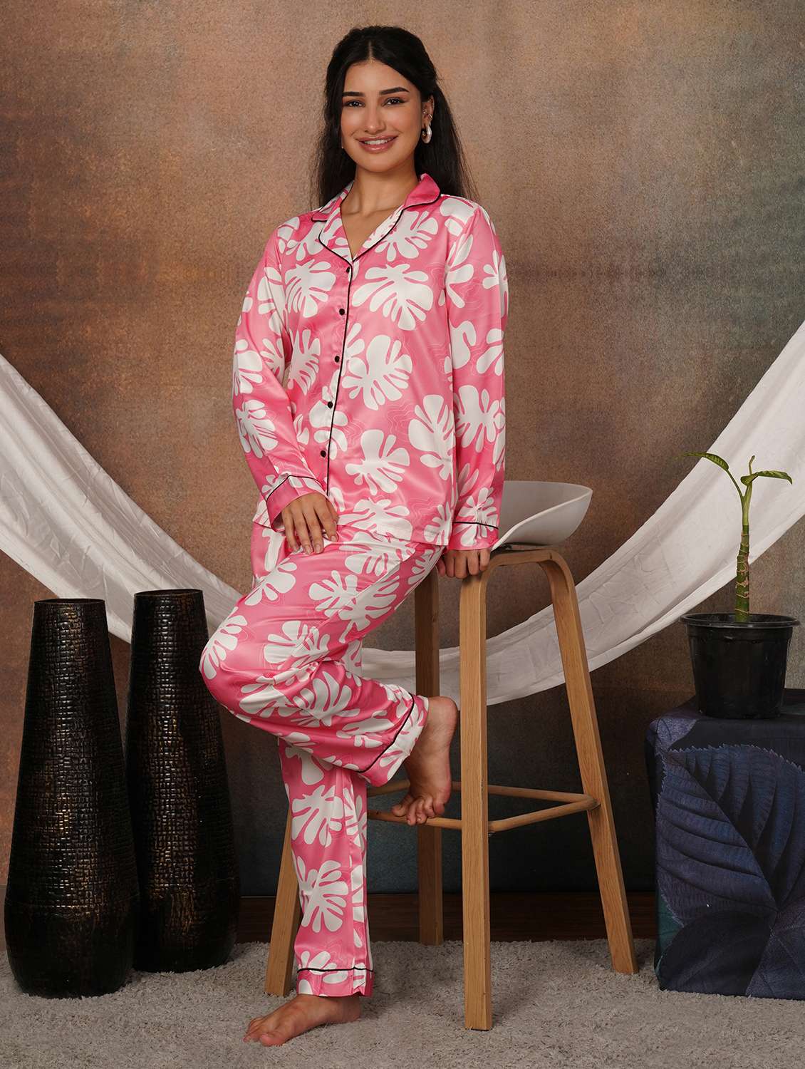 women printed long sleeves nightwear set