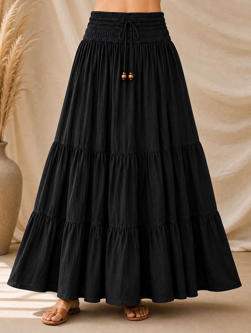 women solid high rise tiered skirt