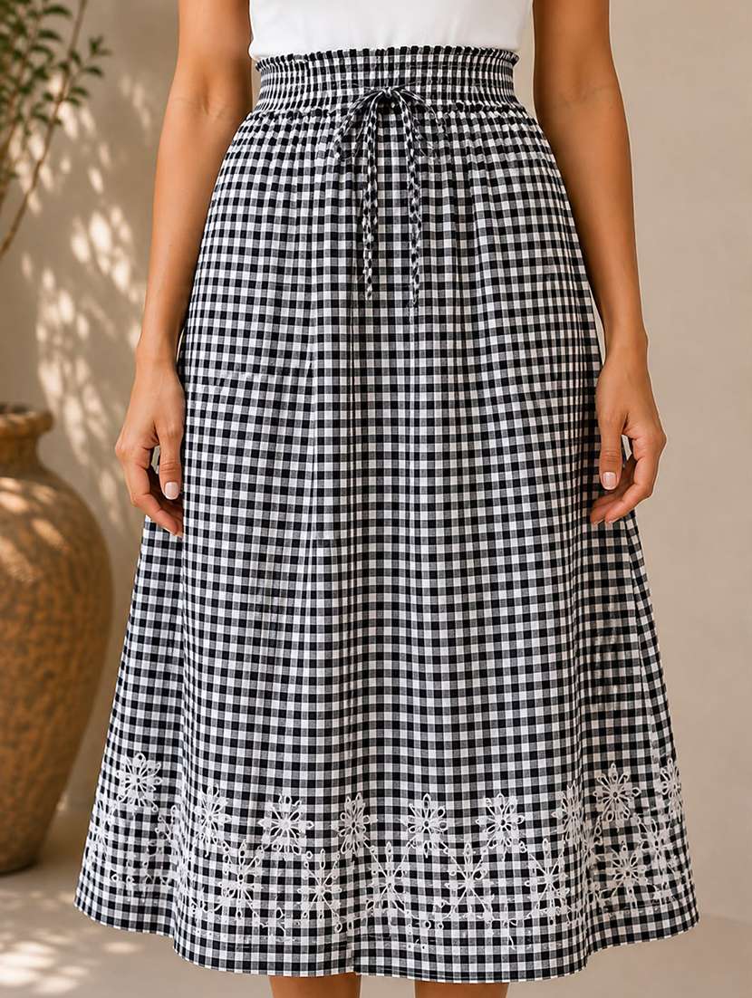 women checkered high rise a-line skirt