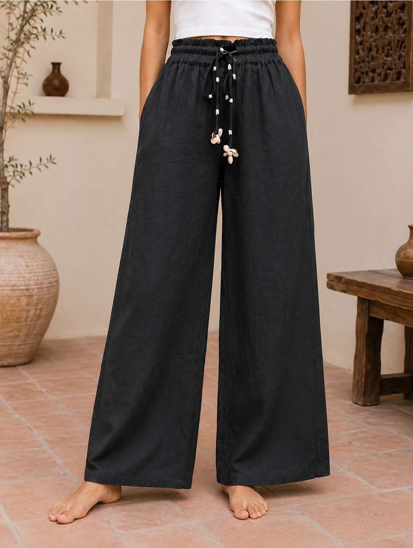 women solid high rise wide leg trouser