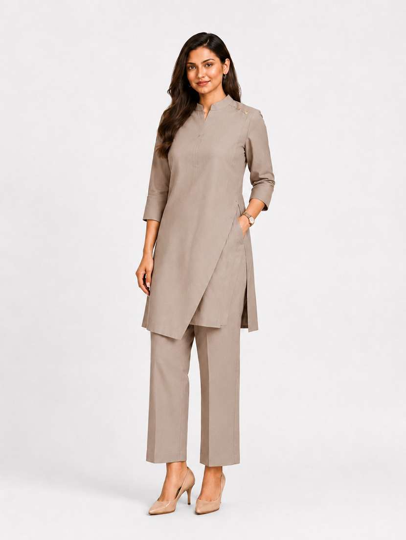 women solid three quarter sleeve ethnic co-ord set