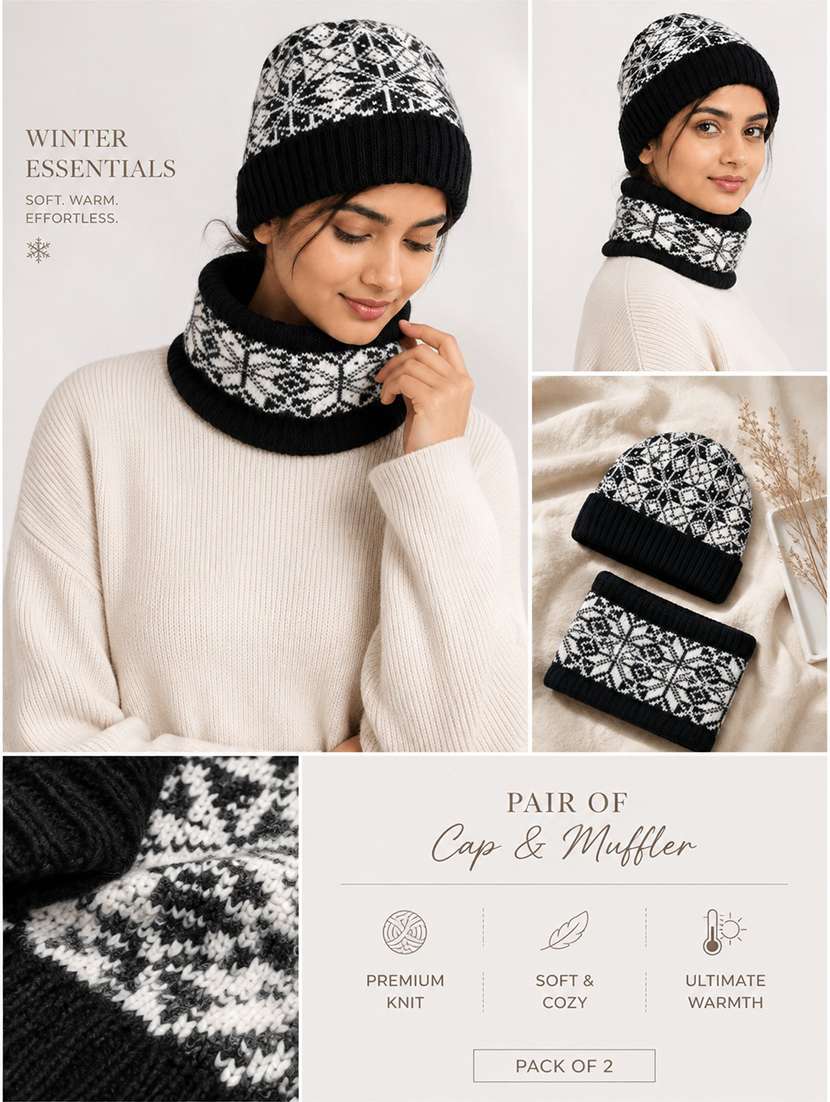 Women Self Design Winter Beanie And Matching Neck Warmer Set - 22702574 -  Standard Image - 3