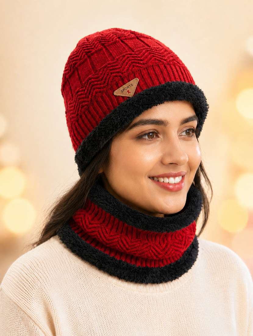 women knitted winter beanie cap and a matching neck warmer