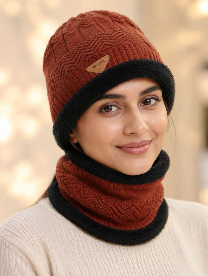 women knitted winter beanie cap and a matching neck warmer