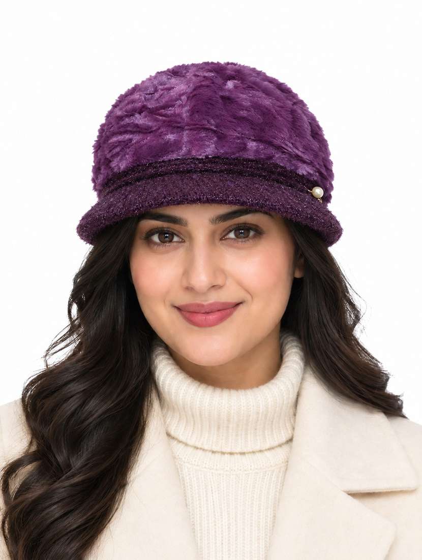 women solid winter cap with knit brim