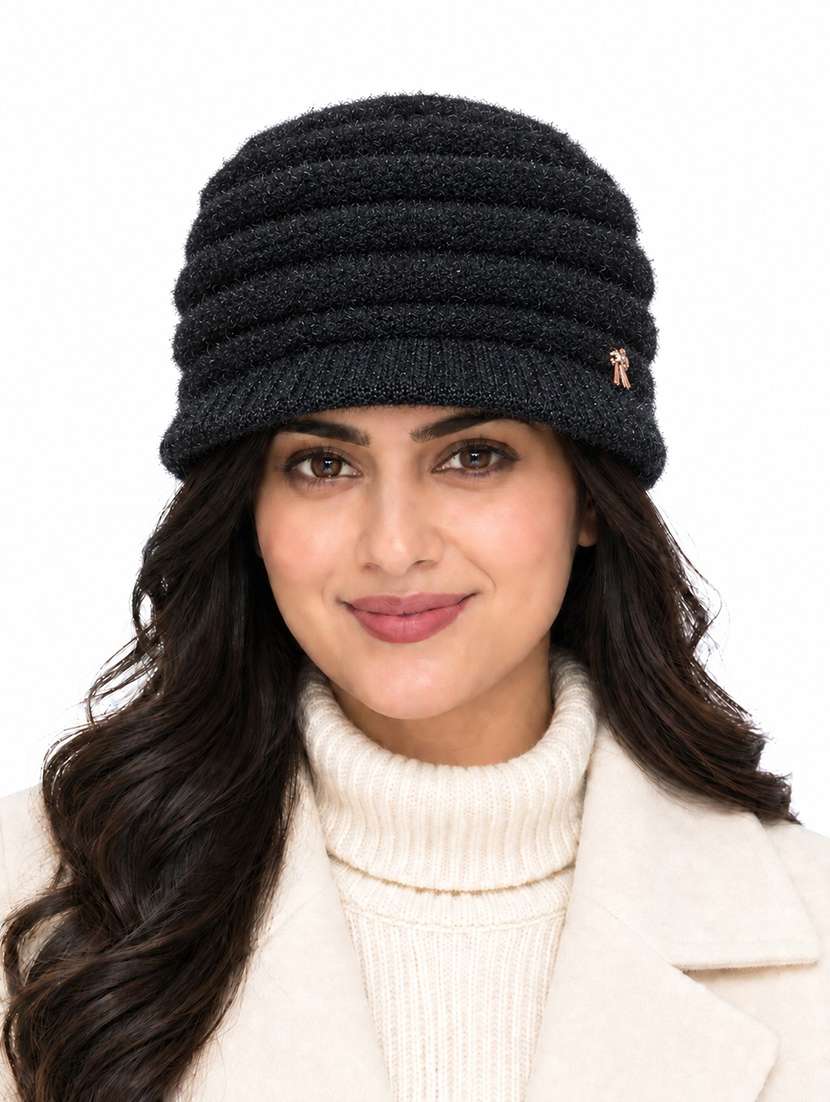 women self design winter cap with knit brim