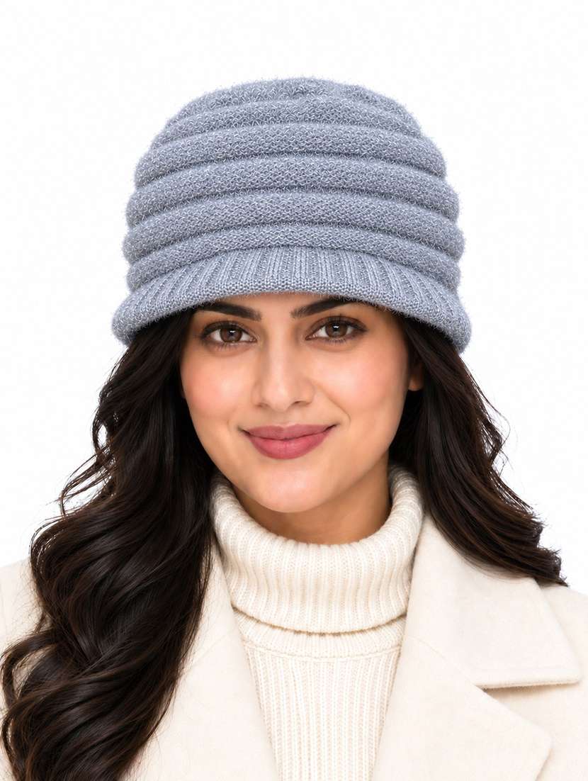 women self design winter cap with knit brim