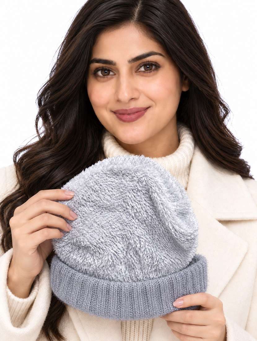 Women Self Design Winter Cap With Knit Brim - 22702600 -  Standard Image - 3