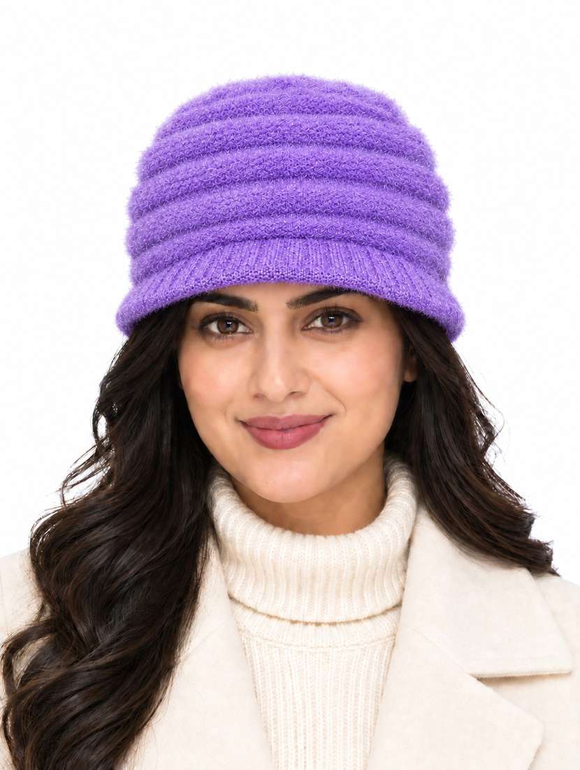 women self design winter cap with knit brim