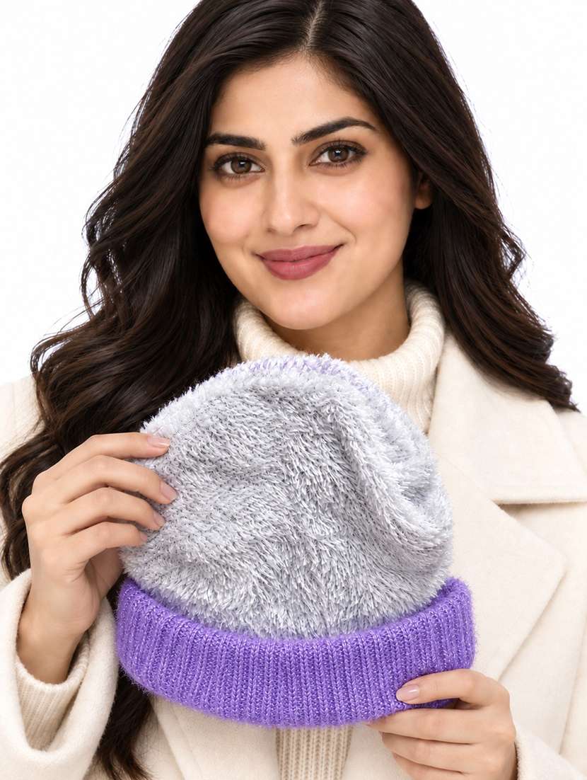 Women Self Design Winter Cap With Knit Brim - 22702601 -  Standard Image - 3