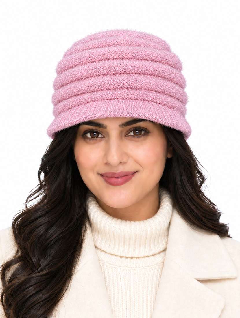 women self design winter cap with knit brim
