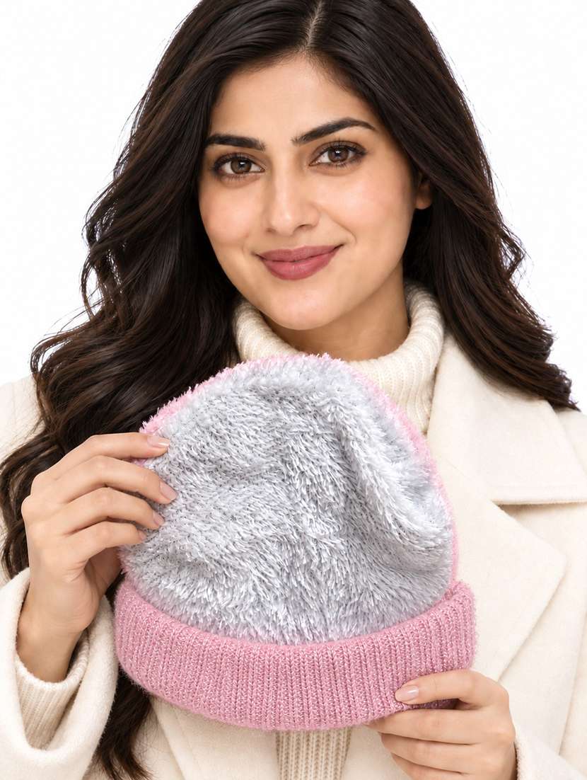 Women Self Design Winter Cap With Knit Brim - 22702602 -  Standard Image - 3